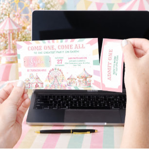 Girly Pastel Color Carnival Circus Birthday Ticket
