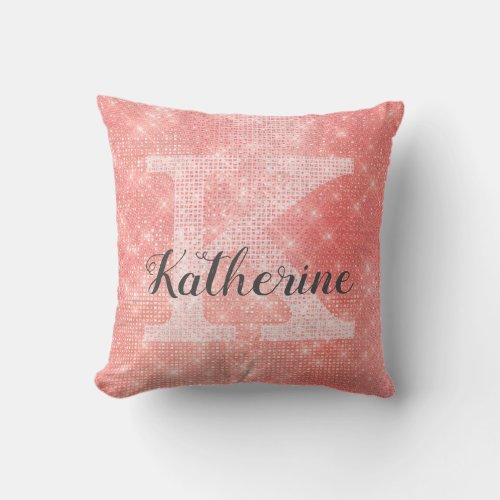 Girly Pastel Coral Glam Sparkle Fun Monogram Name Throw Pillow