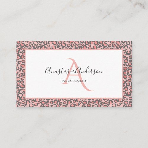 Girly Pastel Coral Leopard Spots White Monogram Business Card