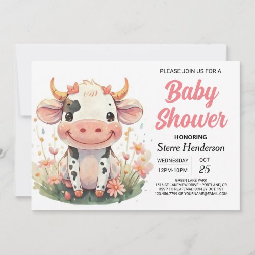 Girly Pastel Cute Cow Baby Shower Invitation