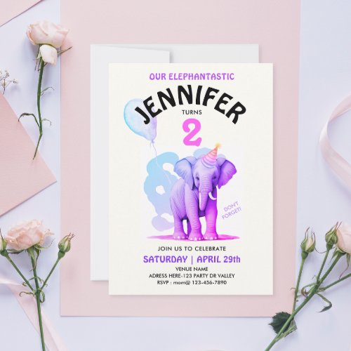 Girly Pastel Elephant Watercolor Birthday Party Invitation