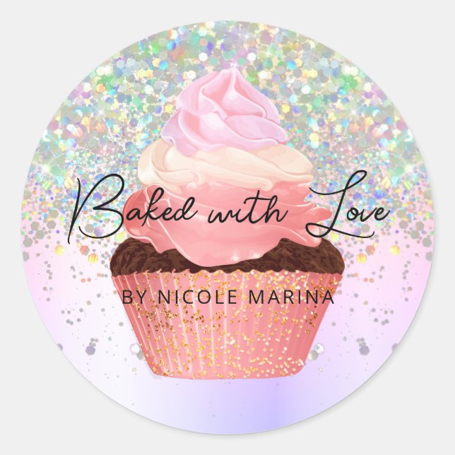 Girly Pastel Faux Holographic Cupcake Bakery Classic Round Sticker (Front)