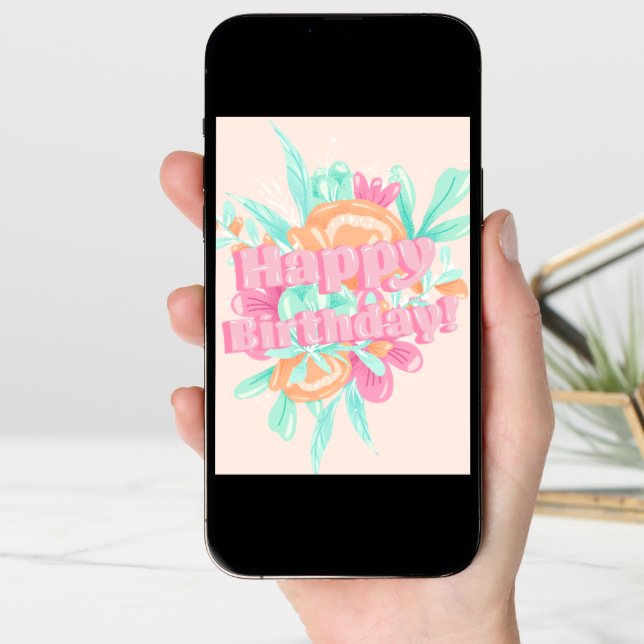 Girly pastel floral birthday photo calligraphy card (Front Digital)