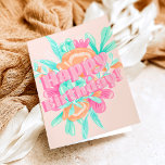 Girly pastel floral birthday photo calligraphy card<br><div class="desc">A cool,  girly editable hand lettered pink happy birthday with pastel pink,  orange,  teal light pastel floral gouache illustration  ,  a modern calligraphy with a retro twist.</div>