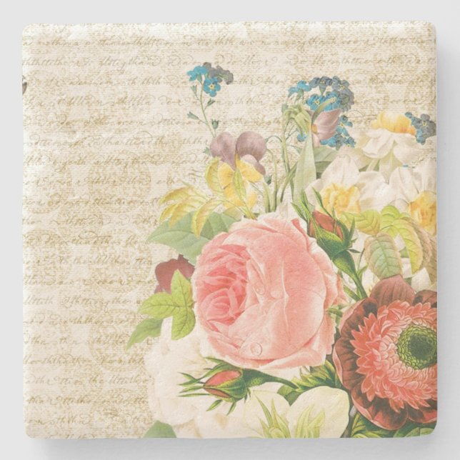 Girly Pastel Floral Pattern Stone Coaster (Front)