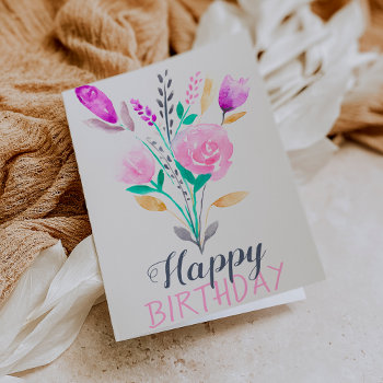 Girly Pastel Floral Watercolor Birthday Typography Card by girly_trend at Zazzle