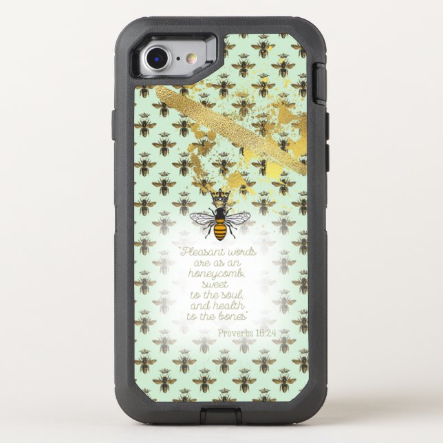 Girly Pastel Green Gold Bee Grid Faith Queen Bee Otterbox iPhone Case (Back)