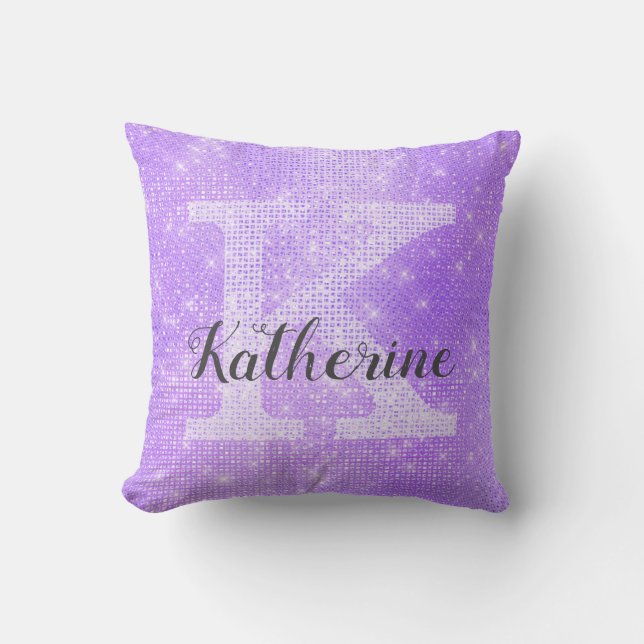 Girly Pastel Lavender Purple Sparkle Monogram Name Throw Pillow (Front)