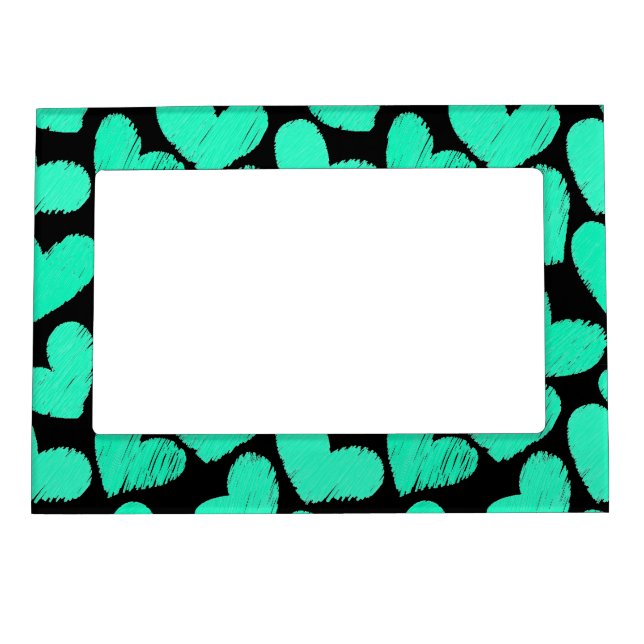 Girly pastel mint black love hearts pattern magnetic photo frame (Front)