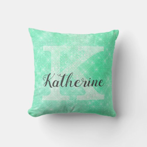 Girly Pastel Mint Green Cute Sparkle Monogram Name Throw Pillow