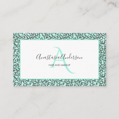 Girly Pastel Mint Green Fun Leopard Spots Monogram Business Card