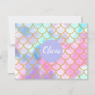 Girly Pastel Ombre Gold Glitter Mermaid Monogram Note Card