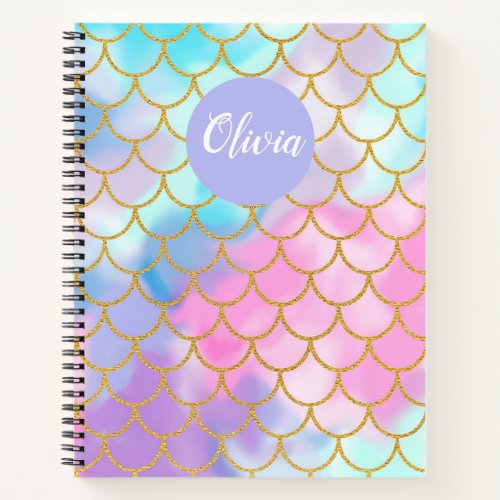 Girly Pastel Ombre Gold Glitter Mermaid Monogram Notebook