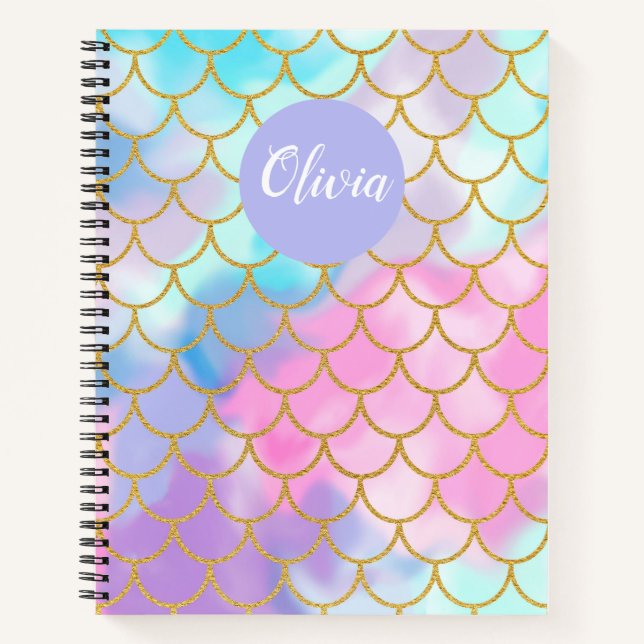 Girly Pastel Ombre Gold Glitter Mermaid Monogram Notebook (Front)