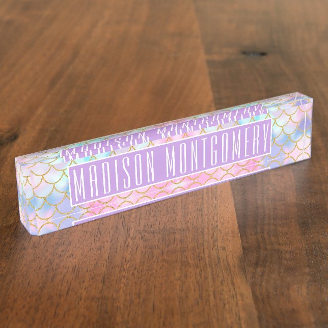 Girly Pastel Ombre Gold Glitter Mermaid Name Desk Name Plate (Side)