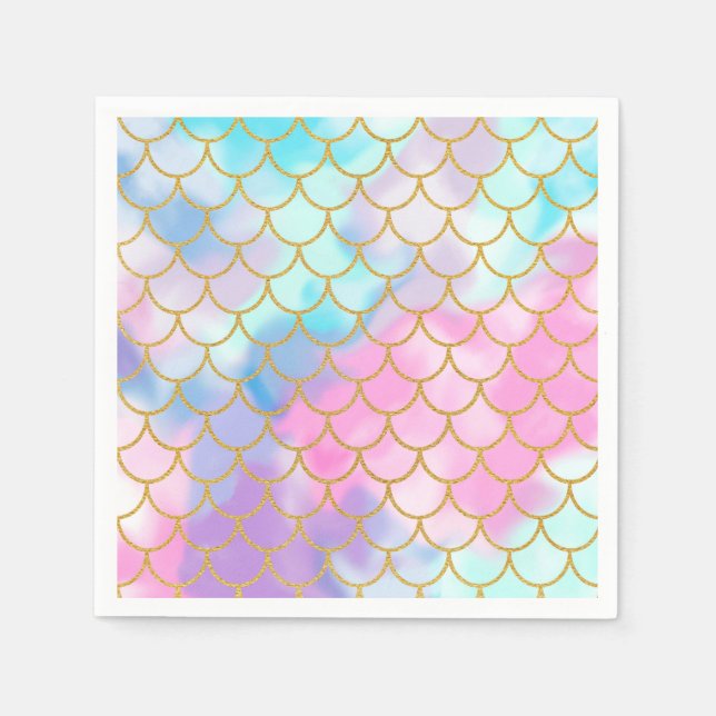 Girly Pastel Ombre Gold Glitter Mermaid Napkins (Front)