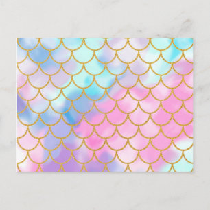 Girly Pastel Ombre Gold Glitter Mermaid Postcard