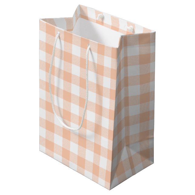 Girly Pastel Peach Gingham Plaid Medium Gift Bag (Front Angled)