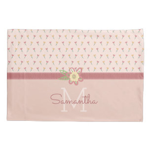 Girly Pastel Peach Heart Flower Pattern & Monogram Pillow Case