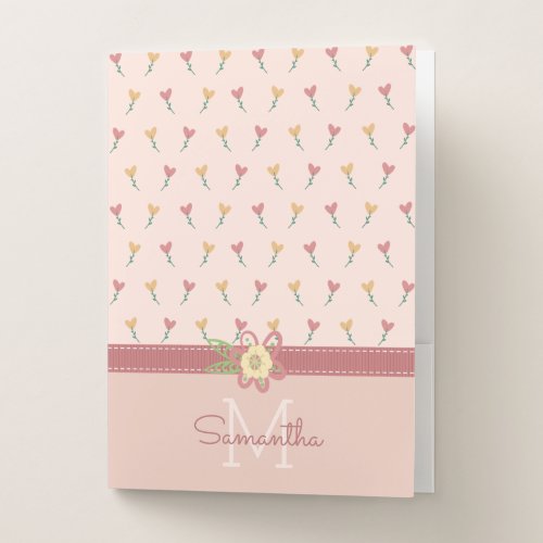 Girly Pastel Peach Heart Flower Pattern  Monogram Pocket Folder