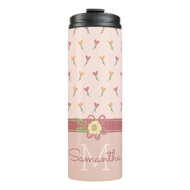 Girly Pastel Peach Heart Flower Pattern & Monogram Thermal Tumbler (Front)