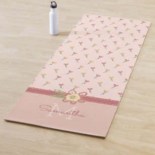 Girly Pastel Peach Heart Flower Pattern & Monogram Yoga Mat