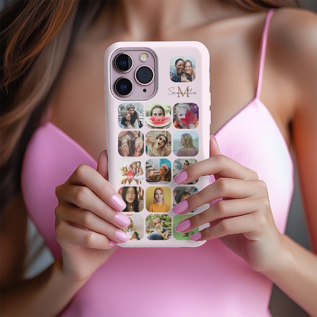 Girly Pastel Pink 16 Photo Collage & Monogram iPhone Case (Creator Uploaded)