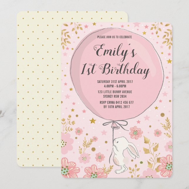 Girly Pastel Pink Bunny Rabbit Birthday Party Invitation (Front/Back)