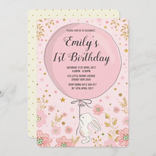 Girly Pastel Pink Bunny Rabbit Birthday Party Invitation
