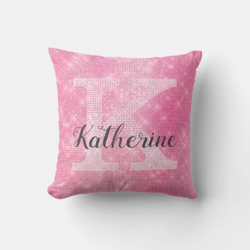 Girly Pastel Pink Cute Glam Sparkle Monogram Name Throw Pillow