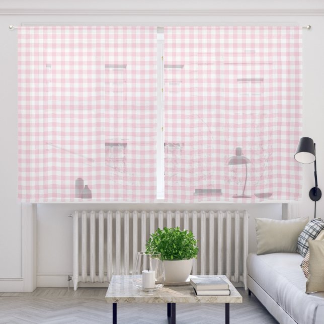 Girly Pastel Pink Gingham Plaid Sheer Curtains (Living Room)