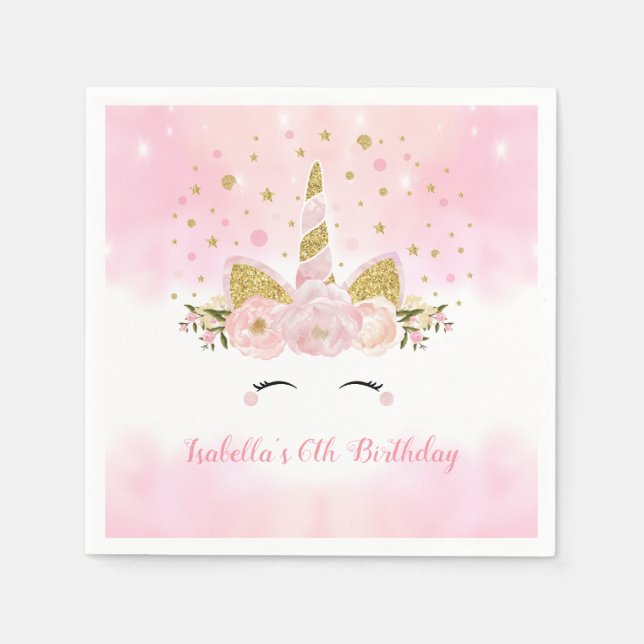 Girly Pastel Pink Gold Floral Birthday Party Napkins (Front)