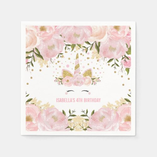 Girly Pastel Pink Gold Floral Birthday Party Napkins