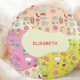 Girly Pastel Pink Kawaii Doodle Round Pillow