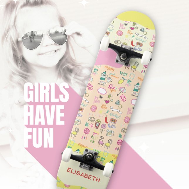 Girly Pastel Pink Kawaii Doodle Skateboard (Cute Pastel Doodle Pattern Girls Name Fun Skateboard ©Susanne Sachers - Sunny Wanderlust 🌞✈️)