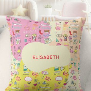 Girly Pastel Pink Kawaii Doodle Throw Pillow