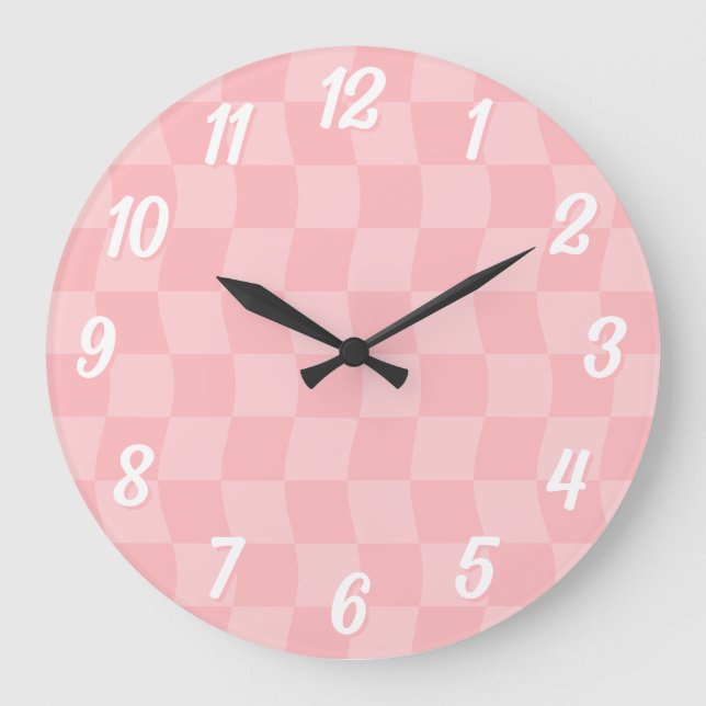 Girly Pastel Pink Wavy Checkerboard Large Clock (Front)