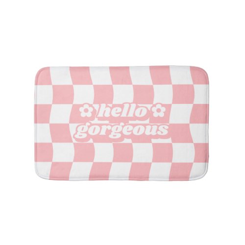 Girly Pastel Pink White Checkerboard Slogan Bath Mat