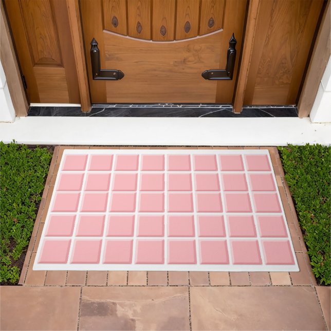 Girly Pastel Pink White Square Tiles Pattern Doormat (Outdoor)