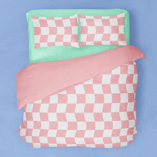 Girly Pastel Pink White Wavy Checkerboard Pattern Duvet Cover