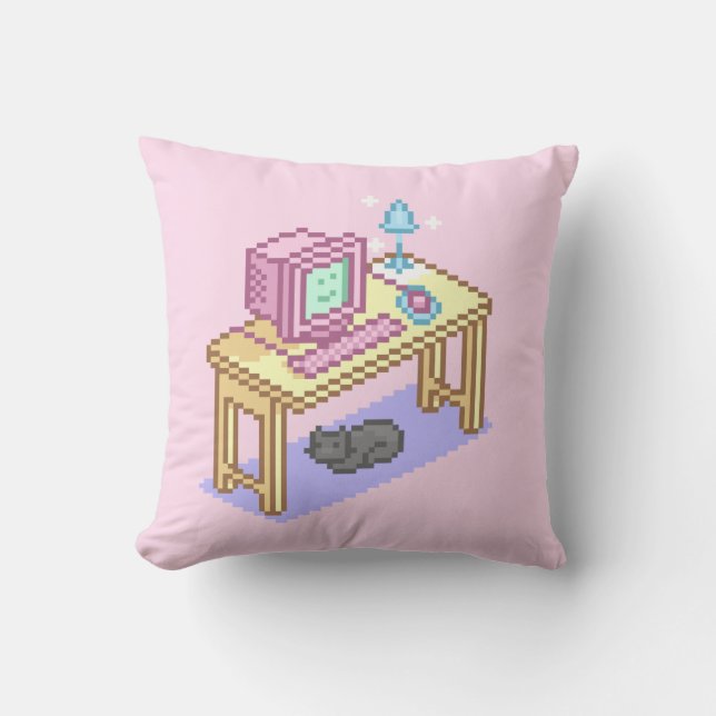 Girly Pastel Pink Yellow Cute Cartoon Computer Throw Pillow (Front)