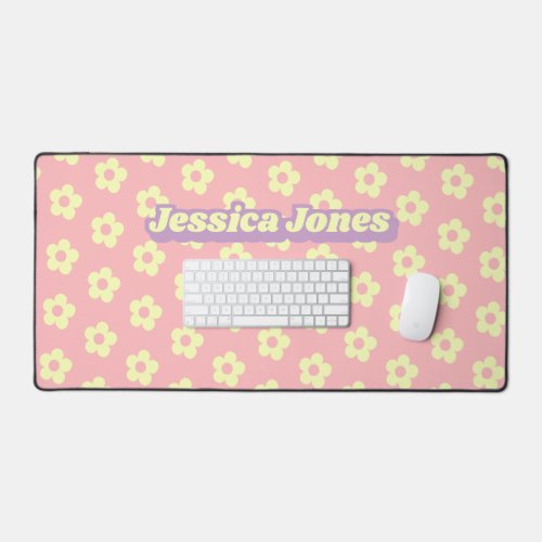 Girly Pastel Pink Yellow Cute Daisy Groovy Name Desk Mat