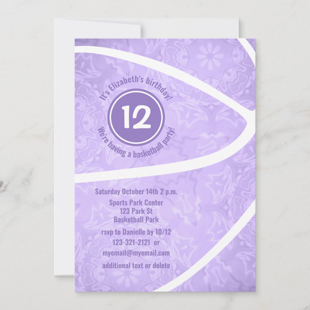 girly pastel purple basketball birthday party invitation