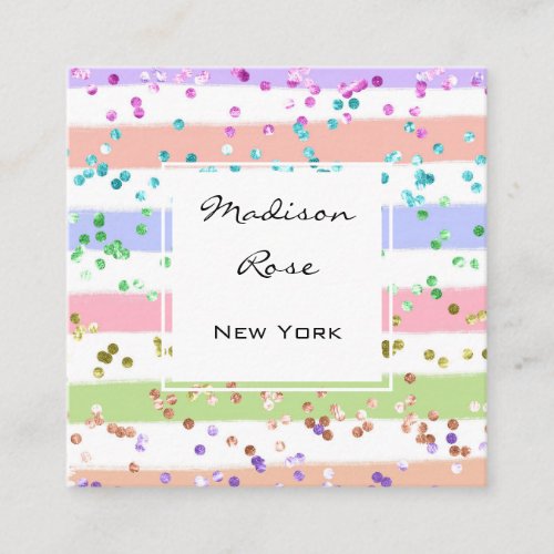 Girly Pastel Rainbow Unicorn Candy Pink and White Square Business Card