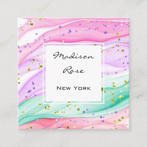 Girly Pastel Rainbow Unicorn Candy Pink Lilac Gold Square Business Card