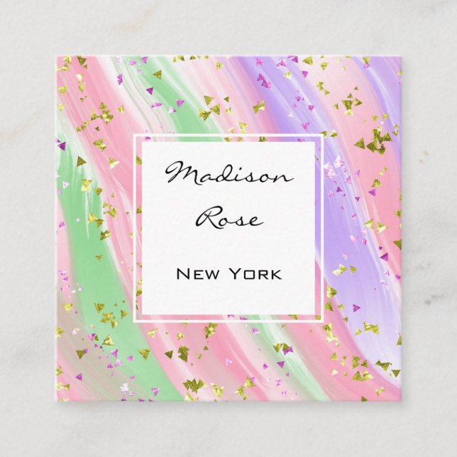 Girly Pastel Rainbow Unicorn Candy Pink Lilac Gold Square Business Card (Front)