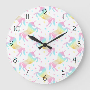 Girly Pastel Rainbow Unicorn Pattern Large Clock
