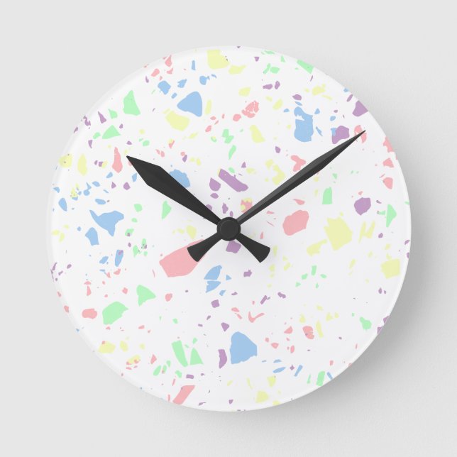 Girly Pastel Rainbow White Abstract Stone Pattern Round Clock (Front)