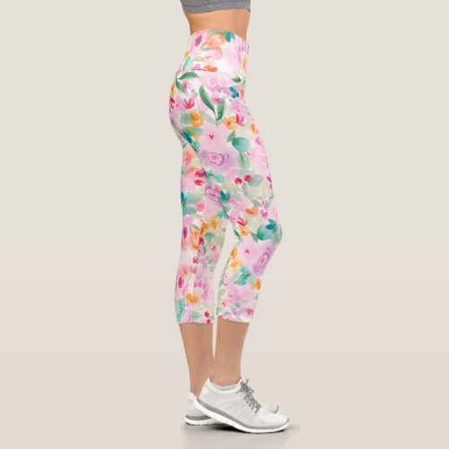 Girly pastel summer floral watercolor pattern capri leggings