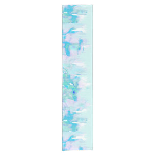 Girly Pastel Teal and Blue Watercolor Paint Drips Short Table Runner